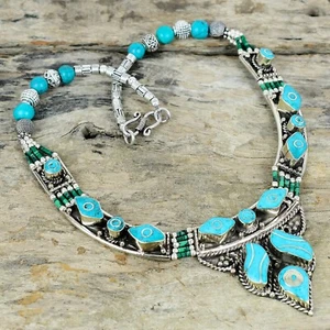 Turquesa Natural 925 Plata de Ley Tibetano Collar Hecho a Mano Nepalí Joyería - Imagen 1 de 4