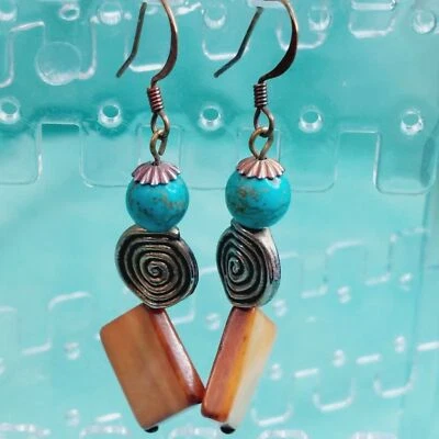 Pendientes Colgantes Hechos a Mano Turquesa Madreperla Tono Plata Bohemio Playa  Foto 1 de 4