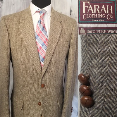 Vintage Farah Tweed Mens 40L Gray Brown Heringbone Blazer Sports Coat Jacket - Image 1 of 4