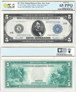 1914 $5 Federal Reserve Note Fr-851c PCGS-65 PPQ - Picture 1 of 3