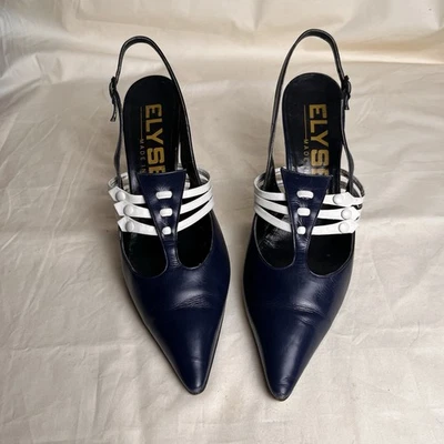 Vintage Anos 90 'Eliseu' Couro Italiano Azul Marinho + Branco Salto Slingback Tamanho. 7 (N) - Imagem 1 de 4
