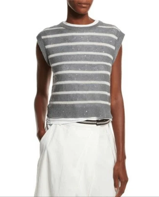 Brunello Cucinelli 条纹闪亮无袖毛衣背心 — 第 1/4 张图片