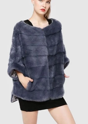 Mujer Talla M Nuevo Azul Visón Piel Suéter Poncho Capa Bolero Chaqueta Abrigo Foto 1 de 3
