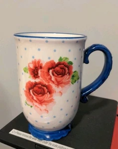 The Pioneer Woman Heritage Floral Footed Stoneware Mug Blue White Red Rose 18 Oz - Picture 1 of 9