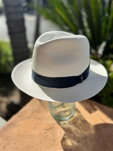 Borsalino Bleached White Medium Brim Panama Fino Hat w/ Blue Band - Picture 1 of 3
