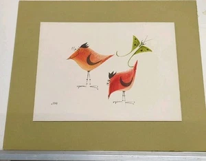 VINTAGE 60er JAHRE STILISIERTE VÖGEL MIT SCHMETTERLING AQUARELL AUF BORD MONTIERT VM02 - Bild 1 von 6