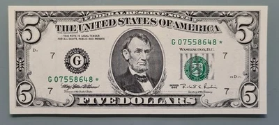 1995 Five Dollar Federal Reserve Note $5 STAR NOTE Uncirculated #96456 - Image 1 of 2