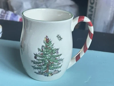 Spode “Christmas Tree” Pattern Mug w Candy Cane Handle 4.25” Tall Holds 18oz - Image 1 of 4