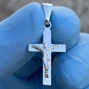 Solid 925 Silver Crucifix Cross Charm Cruz De Plata Jesus Plain Micro Pendant 1" - Picture 1 of 12