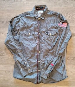 Ed Hardy Shirt Men's Size M Skull Snake Graphic Silver Button Long Sleeve Gray - Picture 1 of 11