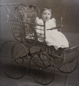 Baby in Wicker Baby Buggy Carriage Vintage Cabinet Card Photo Early 1900s 6"x8" - Picture 1 of 3