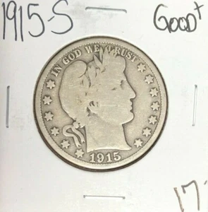 1915-S BARBER SILVER HALF DOLLAR ~ GOOD+ ~ NICE COIN~ - Picture 1 of 2