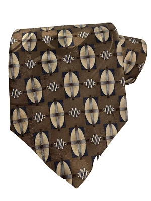 VanHeusen 100% Silk Geometric Neck Tie Made USA Brown Tan 58” Wide - Image 1 of 4