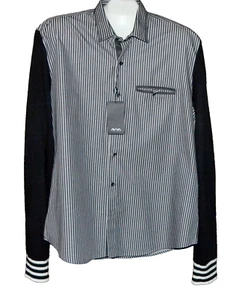Avva Men's Black White Striped Knitted Sleeve Cotton Shirt Size 2XL - Picture 1 of 13