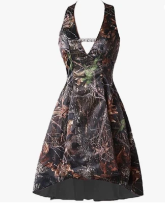 Vestidos cortos de dama de honor camuflados para mujer talla grande camuflaje graduación halter cóctel Foto 1 de 4