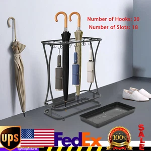 18 Slots 20 Hooks Metal Umbrella Holder Stand Rack Organizer + Drip Tray - Picture 1 of 12
