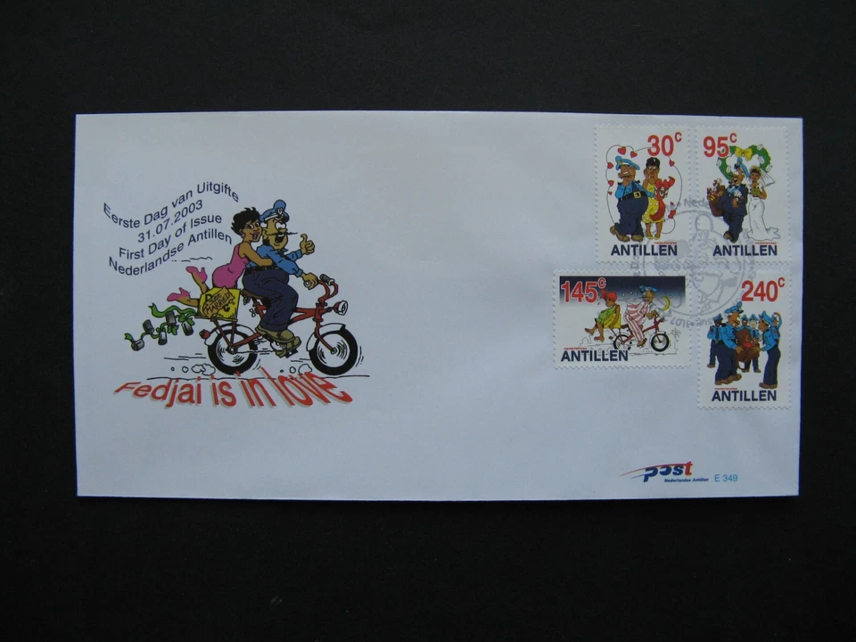 NETHERLANDS ANTILLES, cover FDC 2003, comics postman Fedjai, bicycle wedding - Image 1 of 1