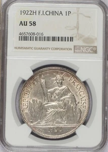 1922-H French Indo China 1 Piastre NGC AU58. Free Shipping. - Picture 1 of 2