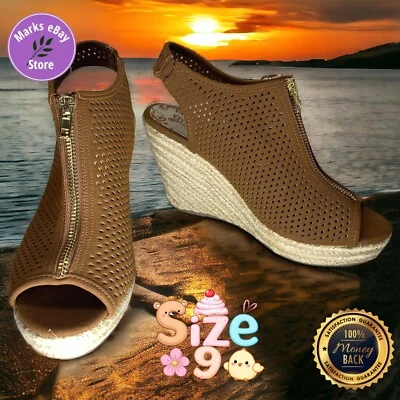 Sandálias anabela Brash feminina marrom peep toe espadrille tamanho 9 novas - Imagem 1 de 4