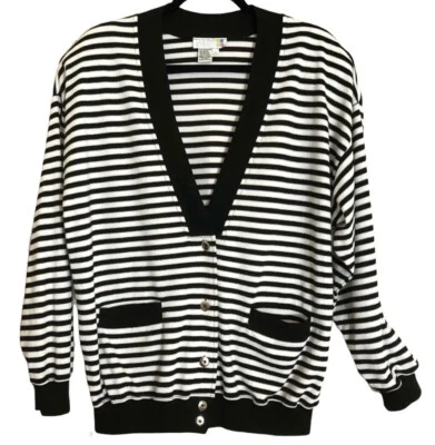 Suéter Claudia Barnes Mujer Botones Bolsillos Frontales Negro Blanco Plata Talla L Foto 1 de 4