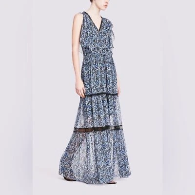 ELIE TAHARI Runway 2016 Spring Collection Sanna Silk Blue Floral Maxi Dress XL  - Imagem 1 de 3