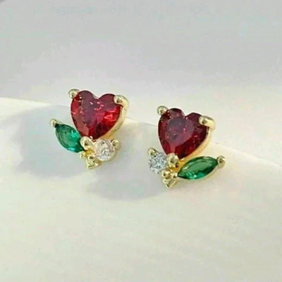 3CT Heart Cut Lab Created Red Ruby Women's Stud Earrings 14K Yellow Gold Finish - Image 1 of 3