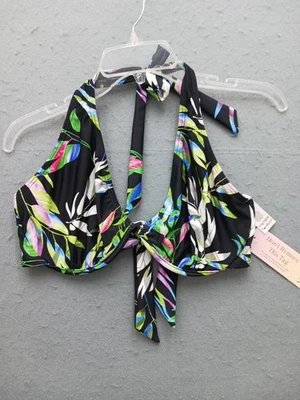 Top de bikini Venus para mujer talla DDD negro hoja tropical halter Foto 1 de 4