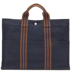 HERMES Tote Bag Fool ToeMM canvas Navy x brown SilverMetal Navy Blue Brow - Picture 1 of 12