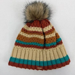 L.L. Bean Knit Beanie Hat Women's Chunky Striped Wool Blend Faux Fur Pom Fleece - Picture 1 of 5