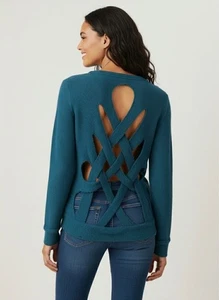 NWOT RARE Chasor Teal Open Slashed Back Distressed Knit Sweater | Grunge Indie M - Picture 1 of 14