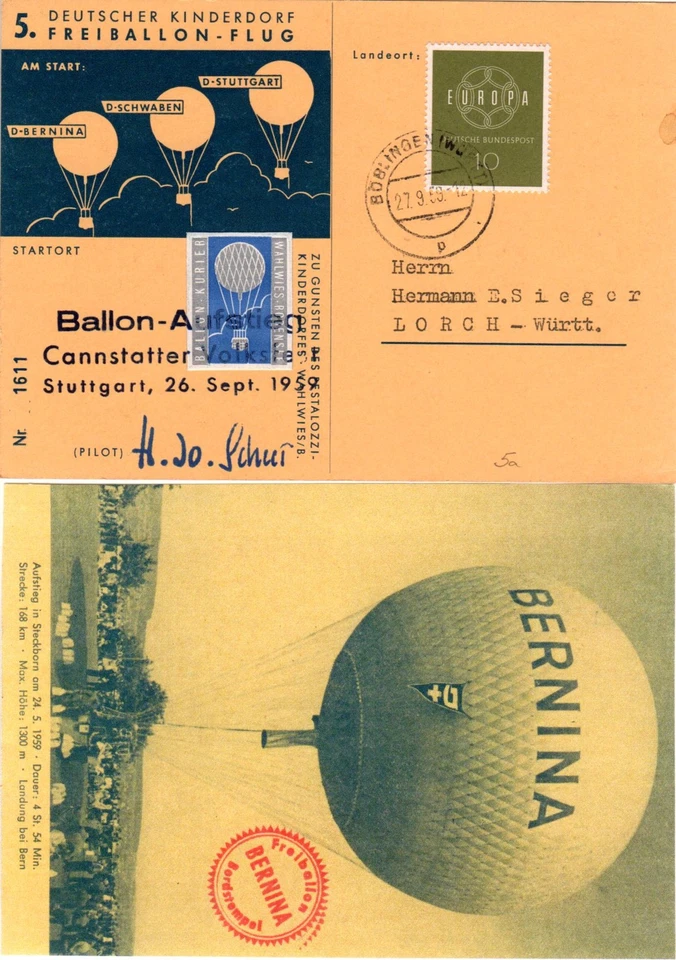BRD 1959, 5. Dt. Kinderdorf Ballonpost Stuttgart-Böblingen m. Vignette - Bild 1 von 1
