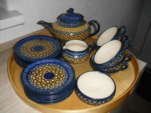 Teeservice Keramik Töpferware Pfauenauge Blau - Bild 1 von 11