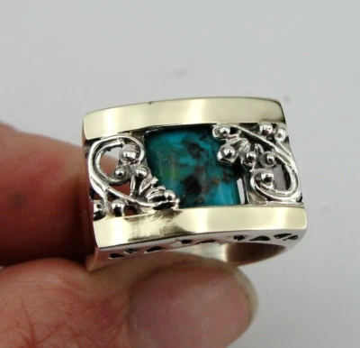 Anillo Turquesa Oro Amarillo 9k Plata 925 6,7,8,9,10 Hecho a Mano Diseñadores Hadar (S Foto 1 de 4