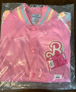 LOUNGEFLY BARBIE 65TH ANNIVERSARY JACKET PINK W/PRINTED SLEEVES Large L NWT - Picture 1 of 4