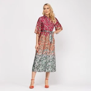 NIZA Women’s Size 38 Small Floral Print Long Shirt Dress Midi Button Front Tie - Picture 1 of 19