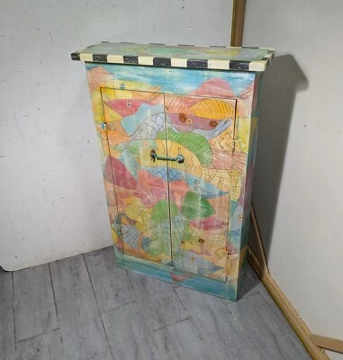 Gabinete de peces vintage Carsen arte popular boho chic retro colorido pintado a mano Foto 1 de 4