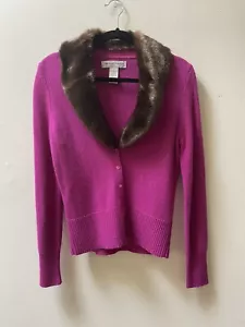 Sutton Studio Merino Wool Blend Pink/Magenta Cardigan With Fur Collar Size Small - Picture 1 of 9