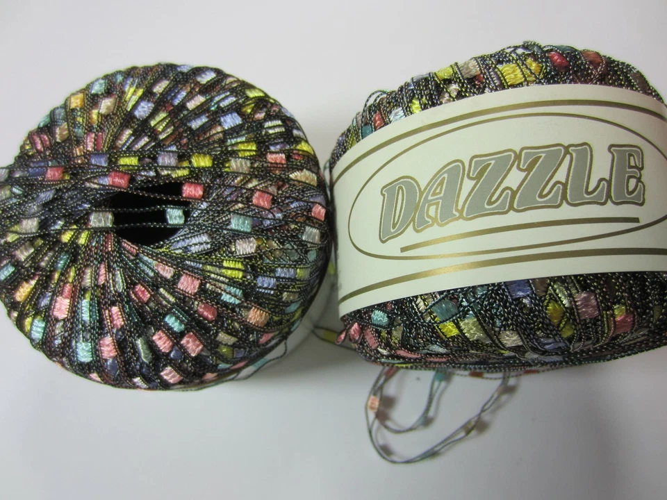 2 Balls DAZZLE LADDER YARN lot BLACK Pastels Pink Blue Yellow Silver Ribbon #110 - Image 1 of 1