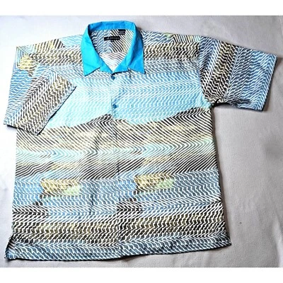 Montique Men's 3XL Short Sleeve Button-Up Shirt Zigzag Pattern Blue & Brown - Image 1 of 4