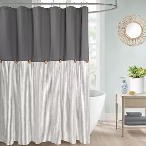 Farmhouse Shower CurtainBeige and Gray StripeButton CurtainLinen and Cotton W... - Picture 1 of 6