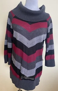AGB Black/Gray Shimmer/Burgundy Striped 3/4 Sleeve Cowl Neck Sweater Top XL - Picture 1 of 5