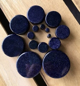 PAIR Blue Midnight Goldstone Stone Plugs Sandstone Gauges - up to 38mm available - Picture 1 of 7