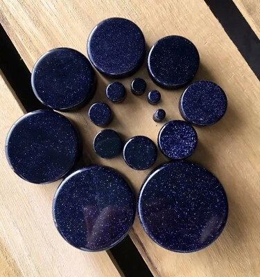 PAIR Blue Midnight Goldstone Stone Plugs Sandstone Gauges - up to 38mm available - Image 1 of 4