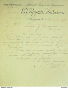 Reynès Audusson Facture (Vins du Roussillon) en 1891 Perpignan (66) - Imagen 1 de 1