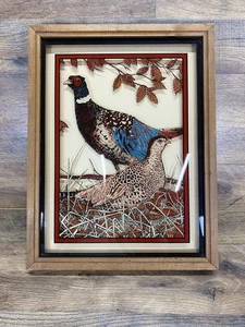 Fagiani Lu Lus quadro incorniciato retro immagine vetro gioco vintage uccellini 17"x 13" - Foto 1 di 6