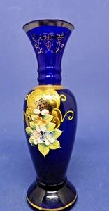 Vtg. Norleans Cobalt Blue Art Glass Vase Handpainted Japan Gold Accents Floral - Picture 1 of 10