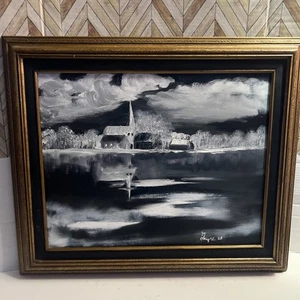 Painting Night Fall By The Lake Oil On Canvas By Laurie Vintage 1988 Signed - Picture 1 of 4