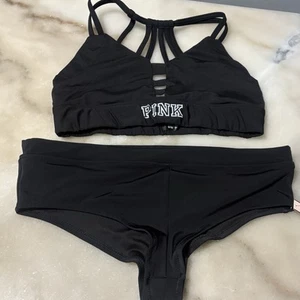 PINK ULTIMATE by Victoria's Secret Sports Bra Black Strappy & Panties Set M & S - Picture 1 of 11