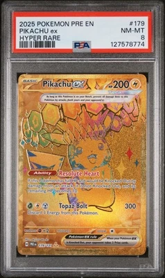 PIKACHU EX #179 HYPER RARE GOLD 2025 POKEMON PRE EN PRISMATIC EVOLUTIONS PSA 8 - Image 1 of 2