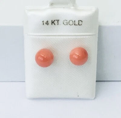 Pendientes de bola de 7-7,5 mm de coral rosa natural genuino de oro macizo de 14K NUEVO Foto 1 de 4